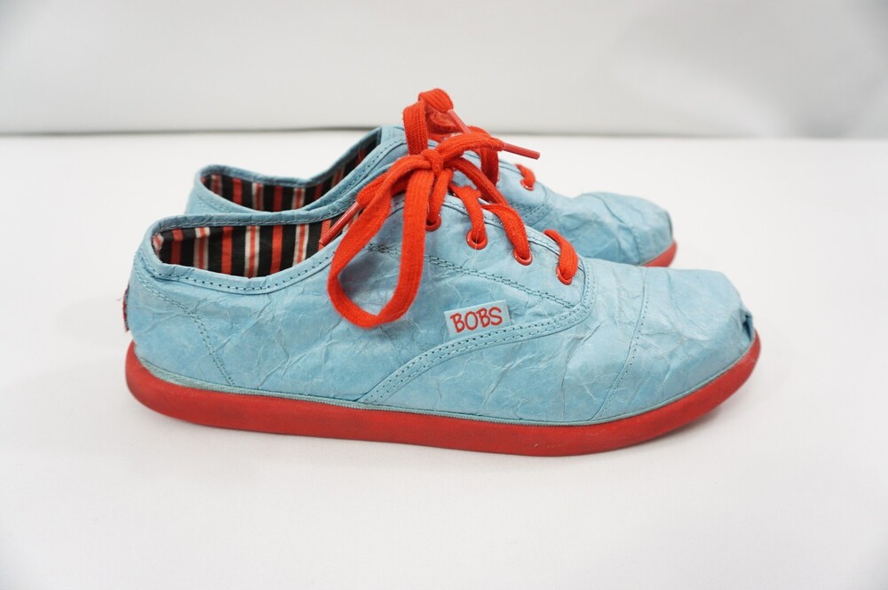 BOBS by Skechers 39585 Used Women 8 Crinkled Faux Leather Blue Red Casual Shoes